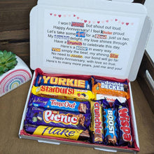 Load image into Gallery viewer, Happy Anniversary Chocolate Poem Gift from The Happiness Box, featuring assorted chocolates and personalised message.
