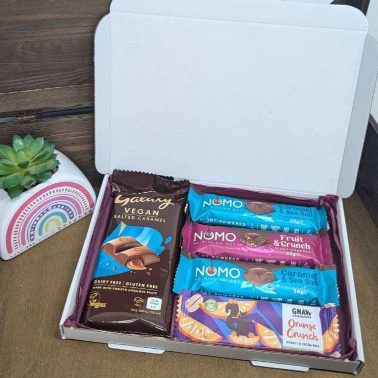 Vegan Chocolate Letterbox Gift featuring Galaxy, Nomo and Gnaw bars.