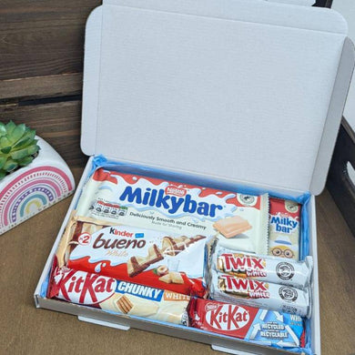 White Chocolate Letterbox Gift featuring Milky Bar, Kinder Bueno, and Kit Kat.