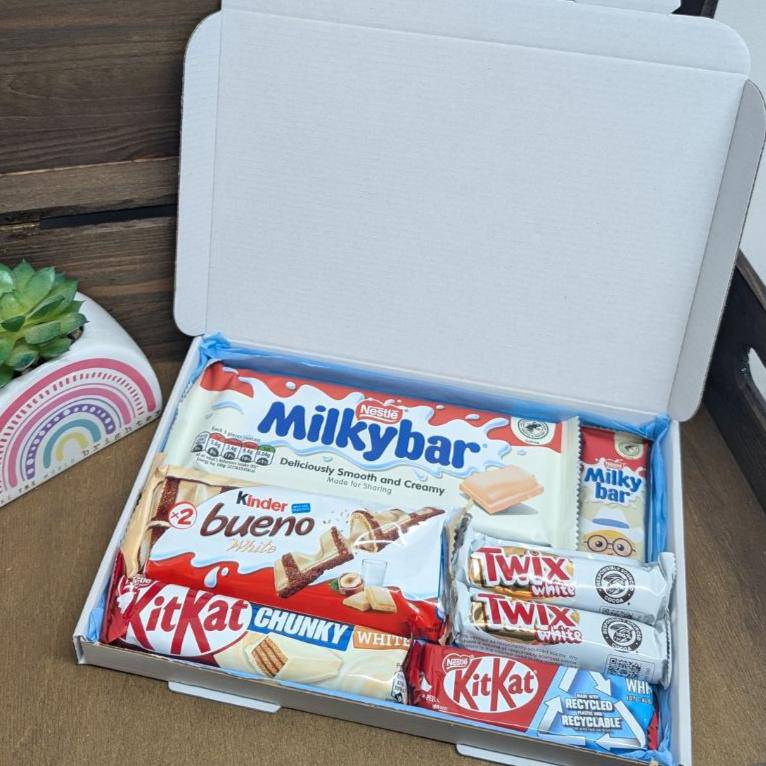 White Chocolate Letterbox Gift featuring Milky Bar, Kinder Bueno, and Kit Kat.