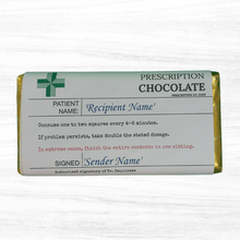 Load image into Gallery viewer, Chocolate Prescription Bar - a fun get-well novelty gift from The Happiness Box, featuring customisable wrapper and optional Galaxy chocolate.
