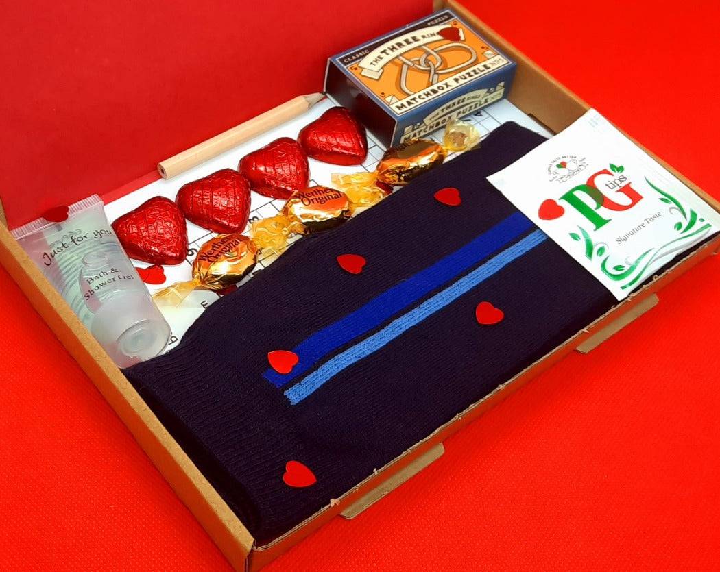 Men's Letterbox Gift Hearts from The Happiness Box - chocolates, puzzles, and socks in a beautifully presented gift box