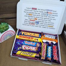 Load image into Gallery viewer, New Job Chocolate Poem Letterbox Gift from The Happiness Box, featuring 10 assorted chocolates.
