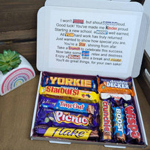 Load image into Gallery viewer, New School Chocolate Poem Letterbox Gift with 10 assorted chocolates for wishing good luck at a new school.
