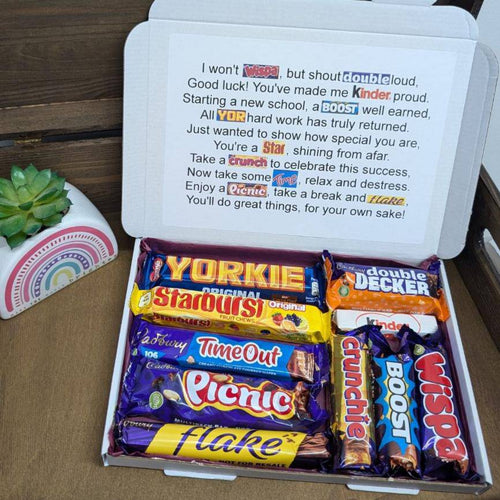 New School Chocolate Poem Letterbox Gift with 10 assorted chocolates for wishing good luck at a new school.