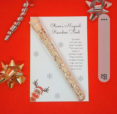 Personalised Reindeer Food with reusable tube, cork stopper, and wildlife-friendly ingredients for Christmas Eve magic.