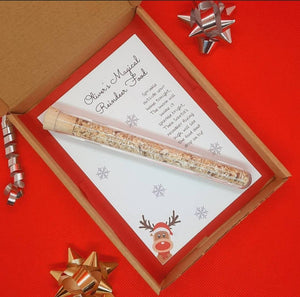 Personalised Reindeer Food with reusable tube, cork stopper, and wildlife-friendly ingredients for Christmas Eve magic.