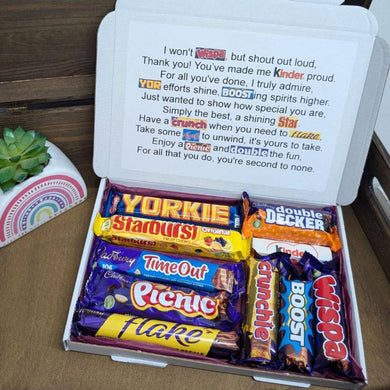 A Thank You Chocolate Poem Letterbox Gift, featuring assorted chocolates wrapped in coloured tissue paper, with a thank-you poem.