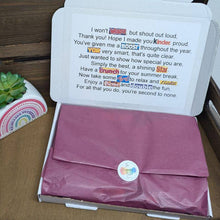 Load image into Gallery viewer, A Thank You Teacher Chocolate Poem Gift, featuring assorted chocolates wrapped in coloured tissue paper with a thank-you poem.
