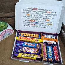 Load image into Gallery viewer, A Thank You Teacher Chocolate Poem Gift, featuring assorted chocolates wrapped in coloured tissue paper with a thank-you poem.
