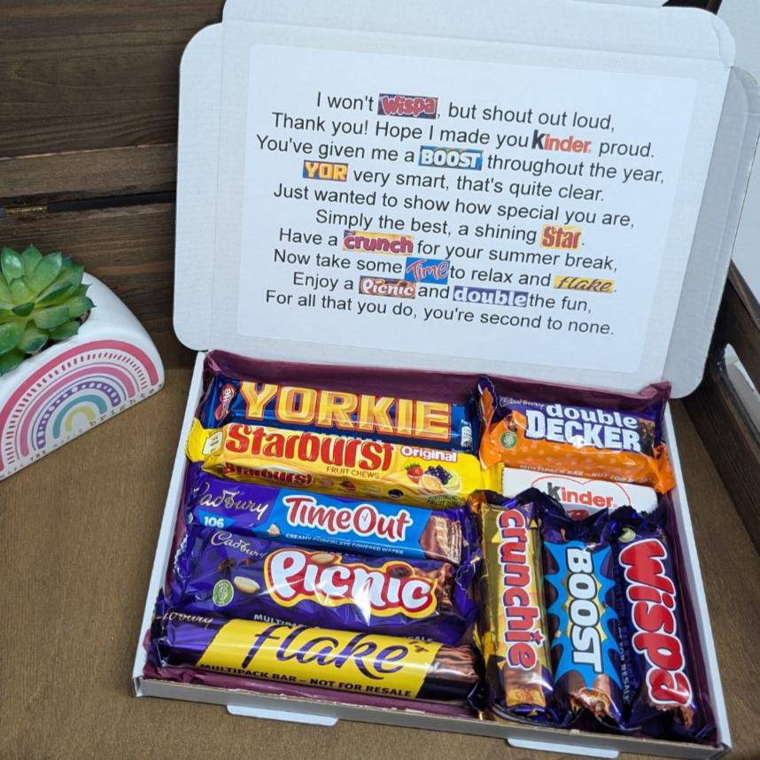 A Thank You Teacher Chocolate Poem Gift, featuring assorted chocolates wrapped in coloured tissue paper with a thank-you poem.