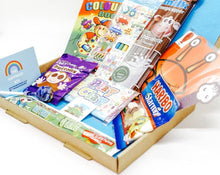 Cargar imagen en el visor de la galería, A colourful Children’s Letterbox Gift from The Happiness Box, filled with treats and activities, lined with tissue paper.
