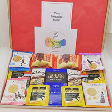 Cargar imagen en el visor de la galería, Large Afternoon Tea Letterbox Gift Hamper Opened containing tea, coffee, biscuits, brownie and chocolate from The Happiness Box
