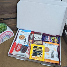 Load image into Gallery viewer, Afternoon Tea Letterbox Gift Hamper Opened containing tea, coffee, biscuits, brownie and chocolate from The Happiness Box
