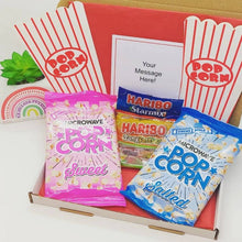 Load image into Gallery viewer, The Movie Night Letterbox Gift including popcorn, popcorn boxes, and Haribo treats.
